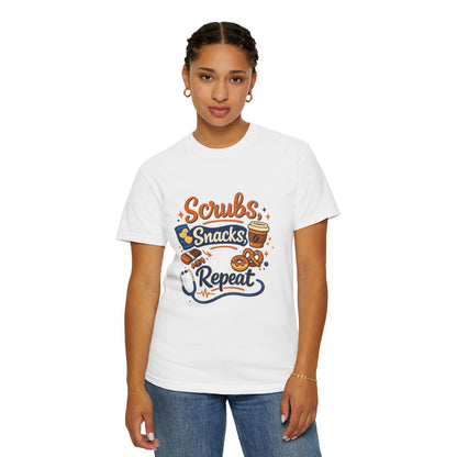 Scrubs Snacks Repeat T-Shirt – Cute Nurse Medical Humor Tee