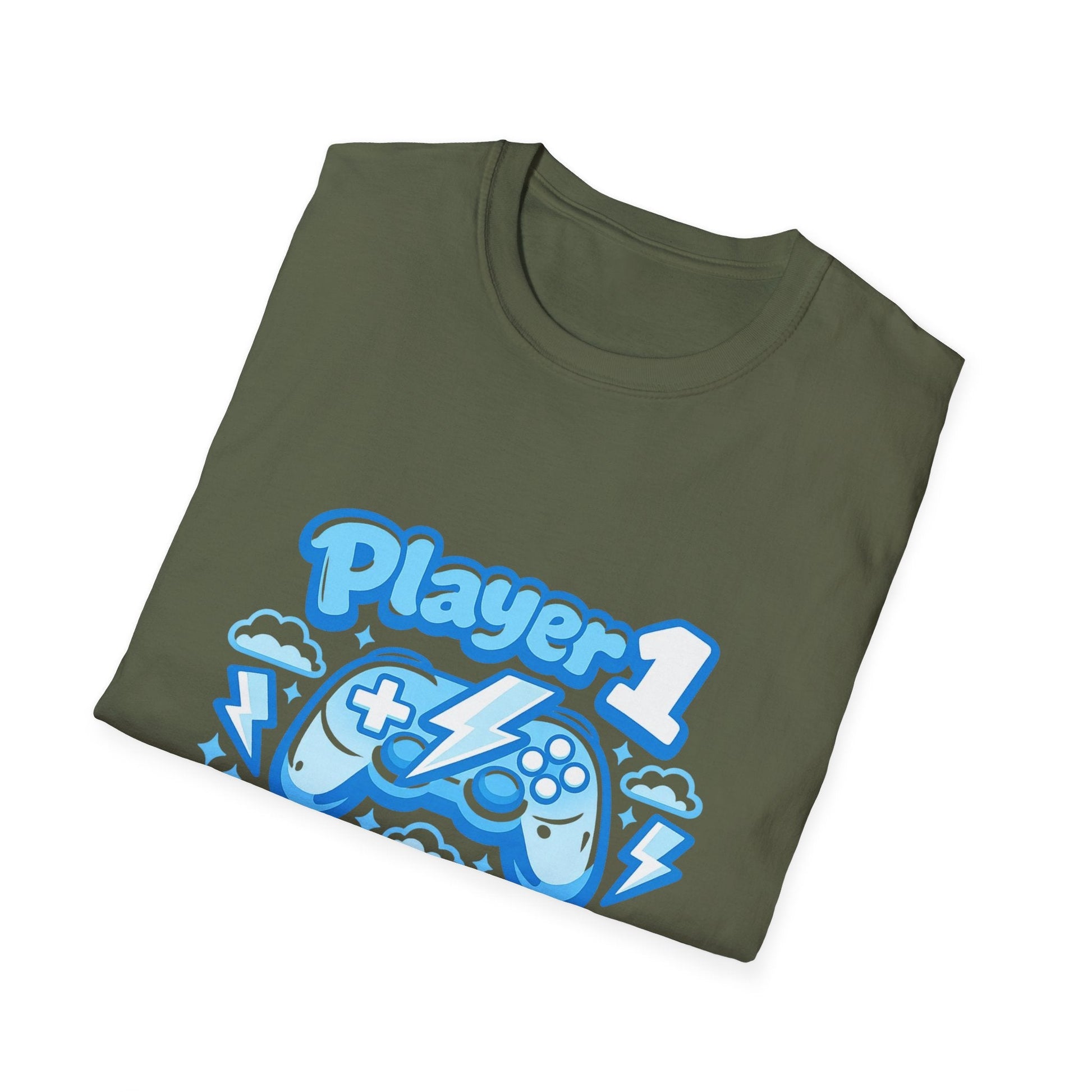 Player 1 Energy T-Shirt — Cute Blue Gamer Controller Graphic Tee Printify