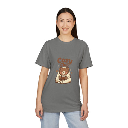 Cozy Club Bear T-Shirt — Cute Blanket & Hot Cocoa Graphic Tee Printify