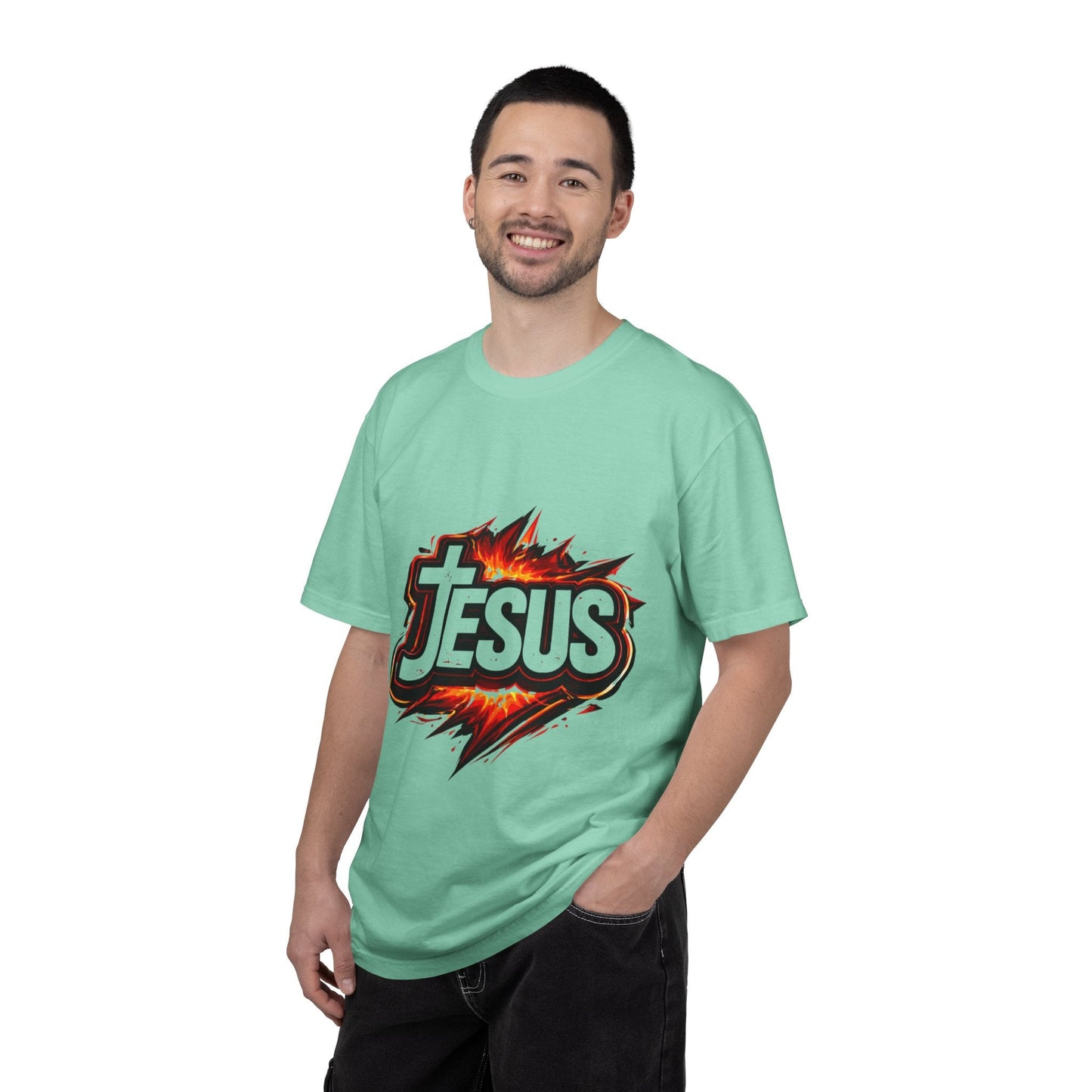 Jesus Graphic T-Shirt for Men – Bold Flame Logo Christian Faith Tee Printify