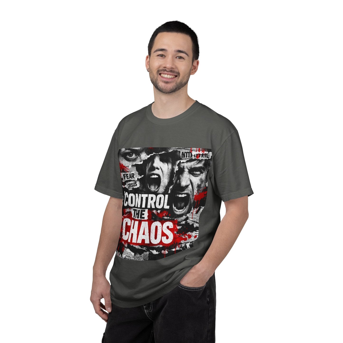 Control the Chaos T‑Shirt — Graphic Urban Streetwear Tee with Distressed Faces & Bold Red Accent Printify