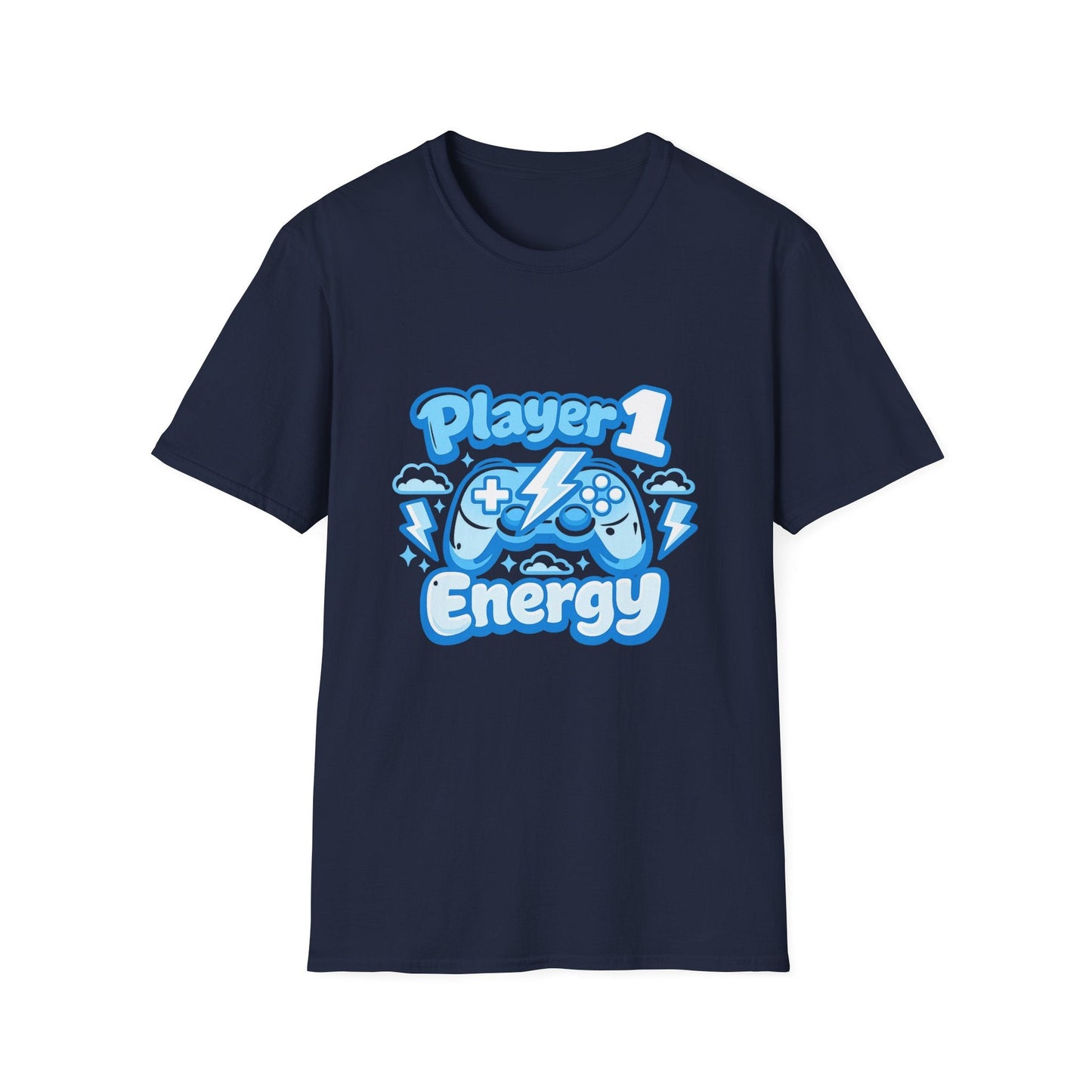 Player 1 Energy T-Shirt — Cute Blue Gamer Controller Graphic Tee Printify