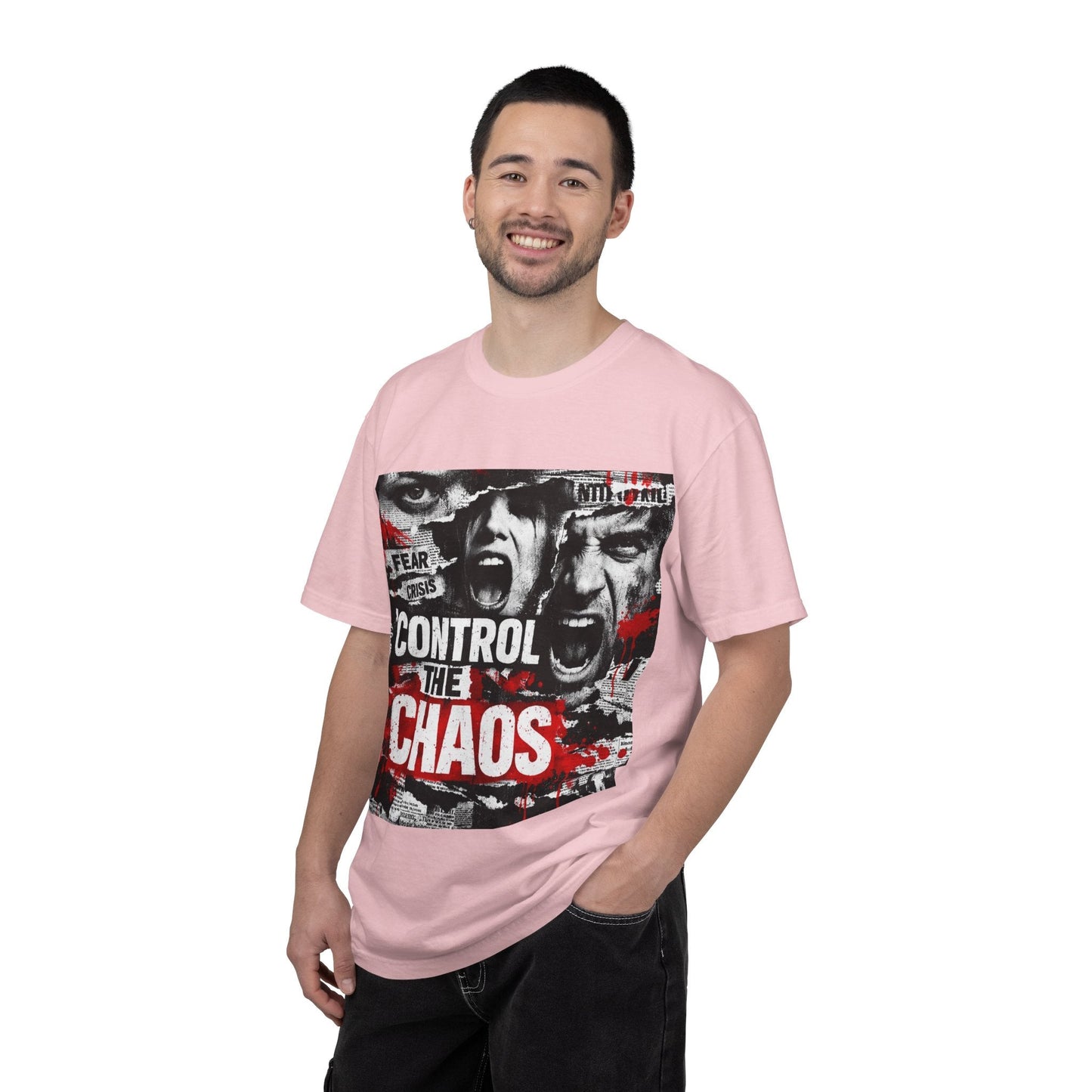 Control the Chaos T‑Shirt — Graphic Urban Streetwear Tee with Distressed Faces & Bold Red Accent Printify