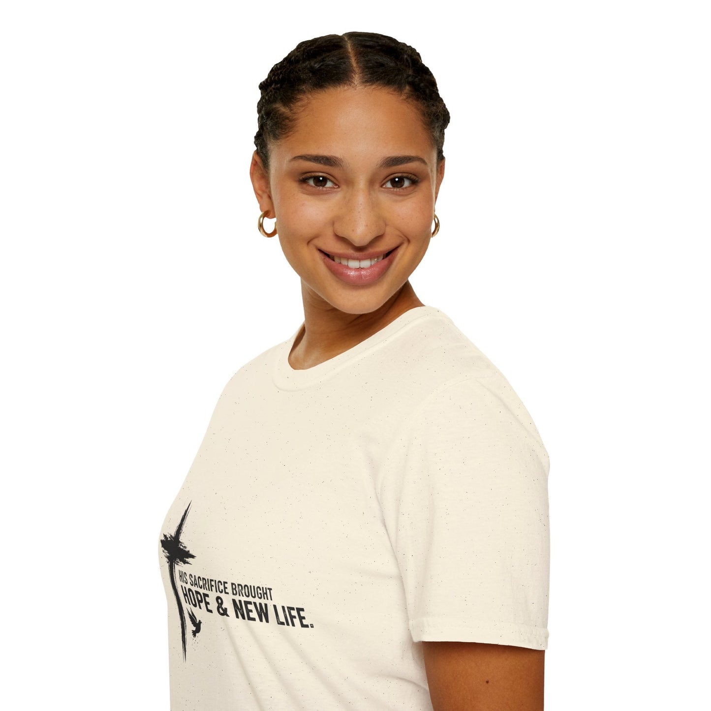 Christian Cross T-Shirt – Unisex “His Sacrifice Brought Hope & New Life” Inspirational Tee Printify