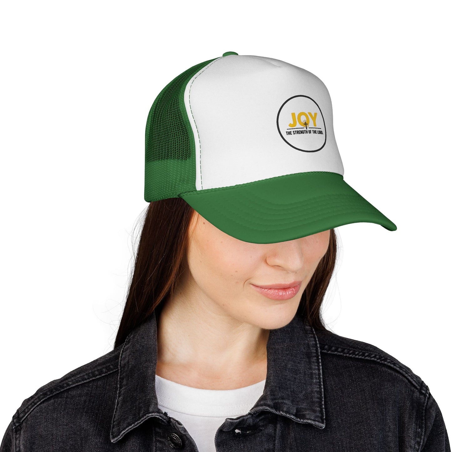 Joy Circle Trucker Cap — 'Joy, One Strength of the Soul' Retro Mesh Hat Printify