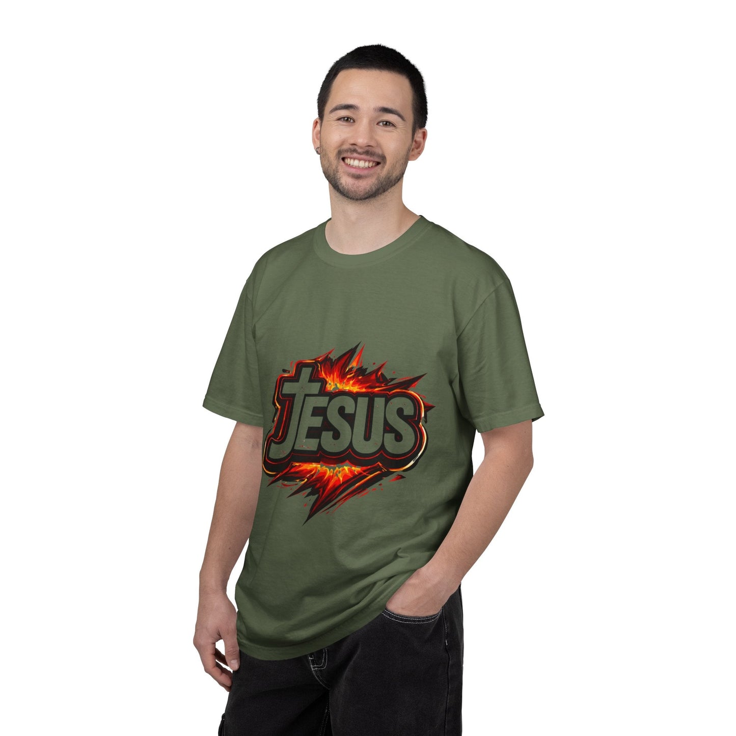 Jesus Graphic T-Shirt for Men – Bold Flame Logo Christian Faith Tee Printify