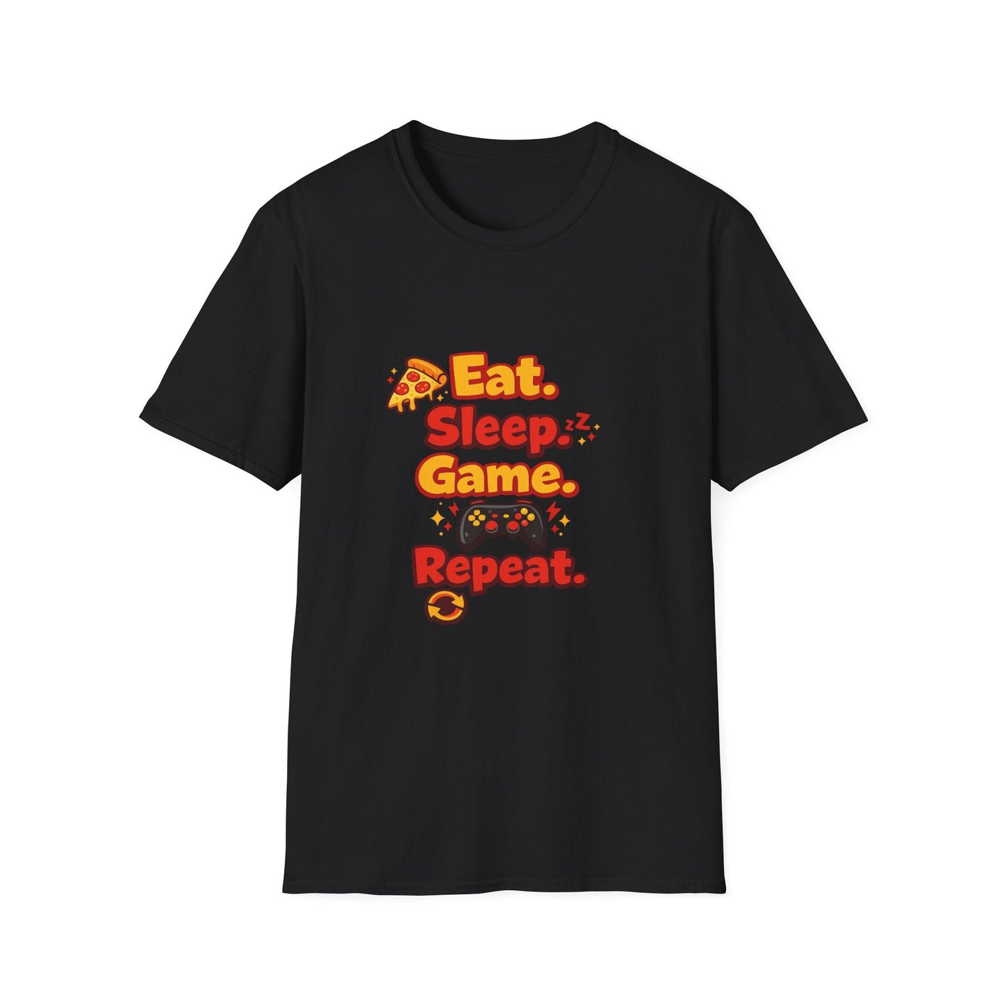 Eat. Sleep. Game. Repeat. Graphic T-Shirt — Gamer Pizza Controller Tee Printify