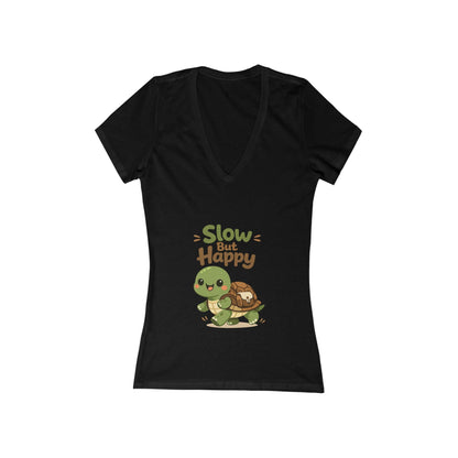 Slow But Happy Turtle V-Neck Tee — Women's Relaxed Turtle Graphic Shirt Printify