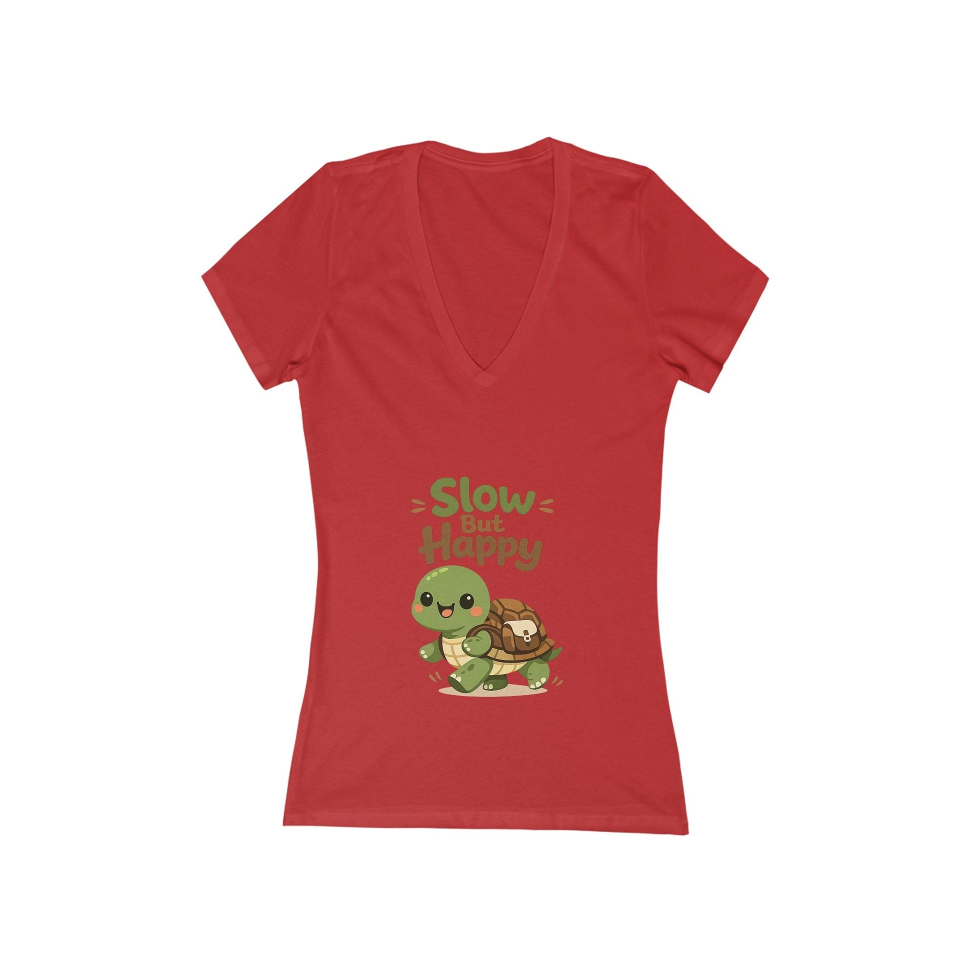 Slow But Happy Turtle V-Neck Tee — Women's Relaxed Turtle Graphic Shirt Printify
