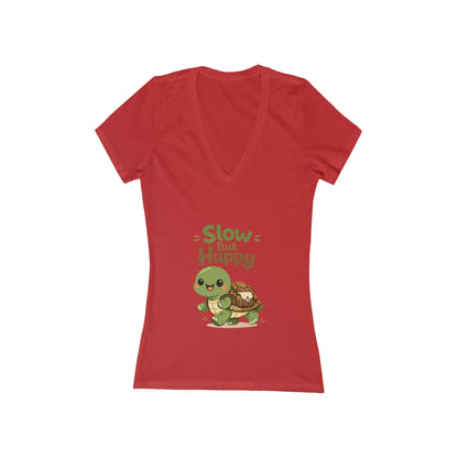 Slow But Happy Turtle V-Neck Tee — Women's Relaxed Turtle Graphic Shirt Printify