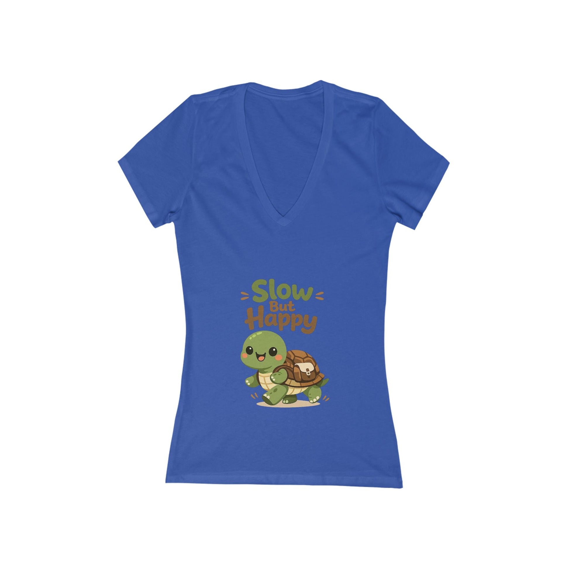 Slow But Happy Turtle V-Neck Tee — Women's Relaxed Turtle Graphic Shirt Printify