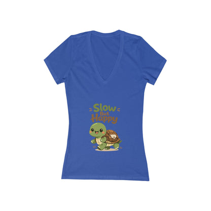 Slow But Happy Turtle V-Neck Tee — Women's Relaxed Turtle Graphic Shirt Printify