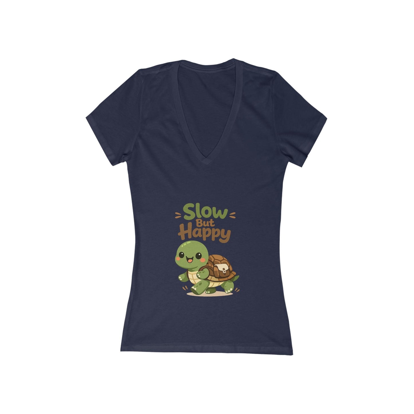 Slow But Happy Turtle V-Neck Tee — Women's Relaxed Turtle Graphic Shirt Printify