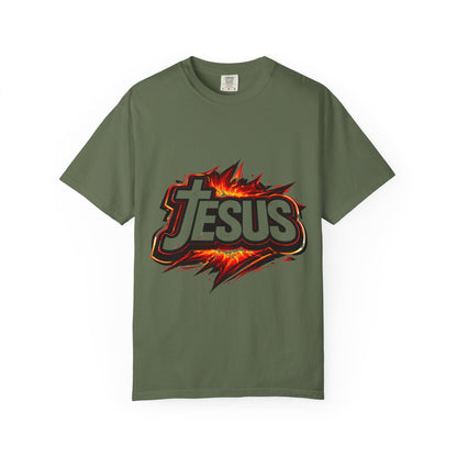 Jesus Graphic T-Shirt for Men – Bold Flame Logo Christian Faith Tee Printify