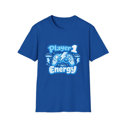 Player 1 Energy T-Shirt — Cute Blue Gamer Controller Graphic Tee Printify