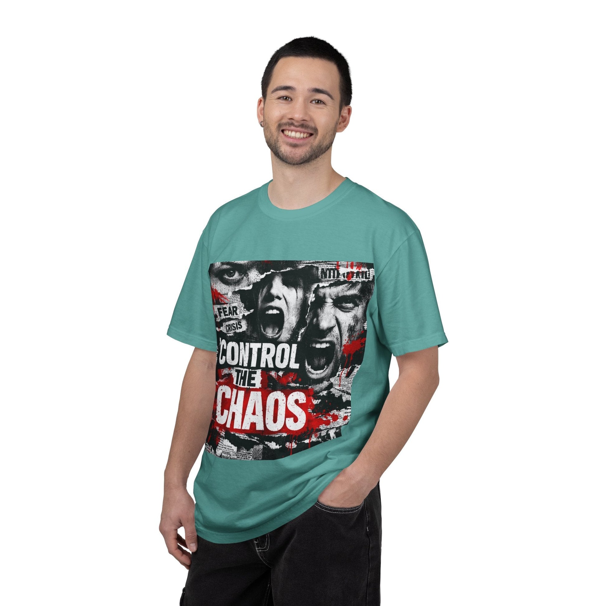 Control the Chaos T‑Shirt — Graphic Urban Streetwear Tee with Distressed Faces & Bold Red Accent Printify