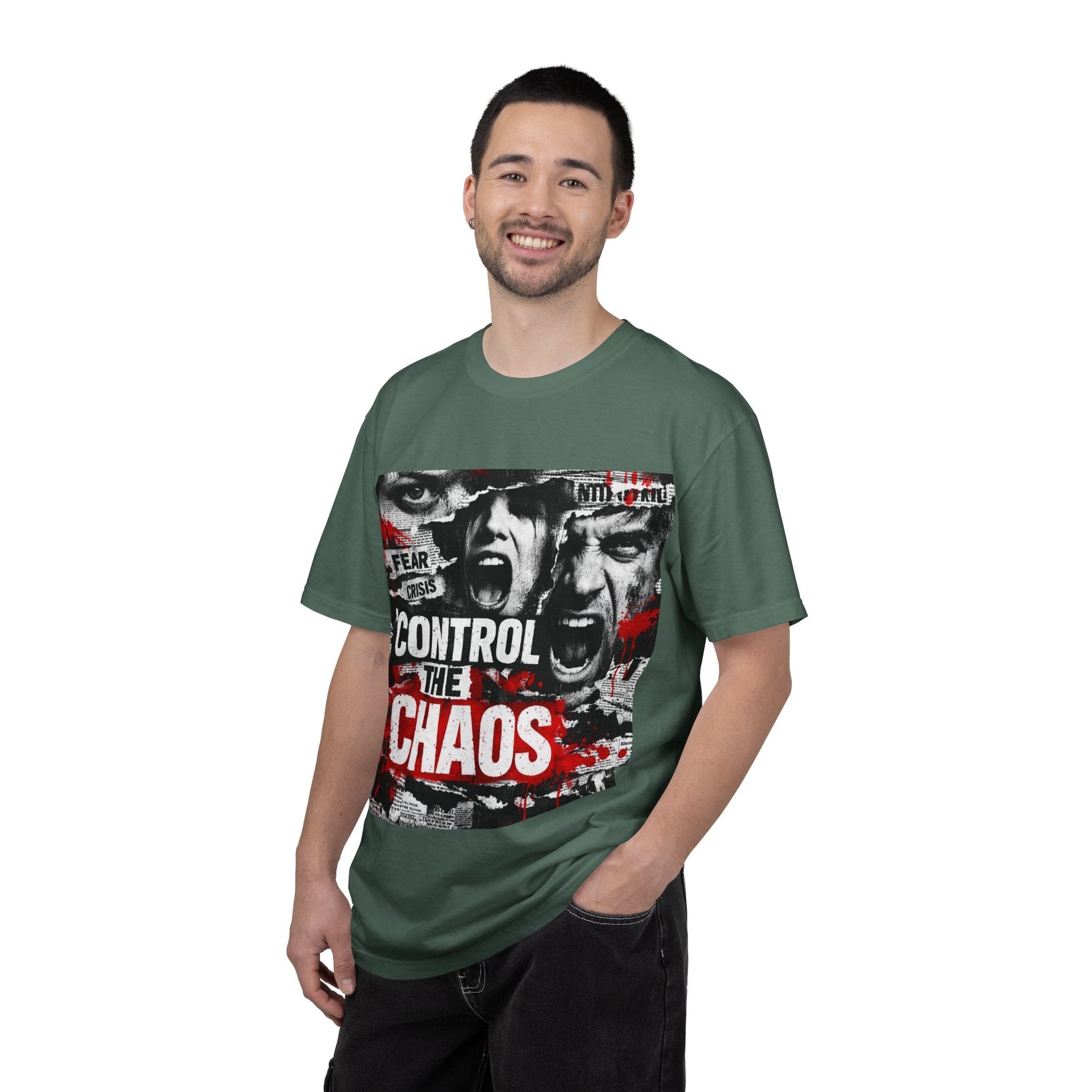 Control the Chaos T‑Shirt — Graphic Urban Streetwear Tee with Distressed Faces & Bold Red Accent Printify
