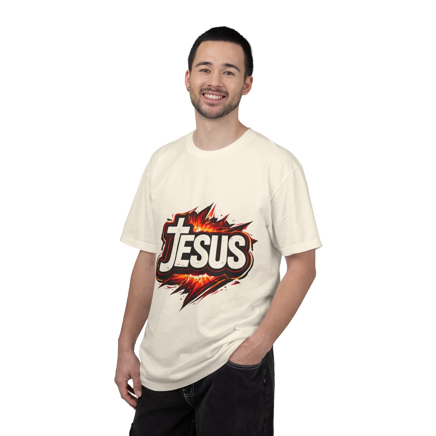Jesus Graphic T-Shirt for Men – Bold Flame Logo Christian Faith Tee Printify
