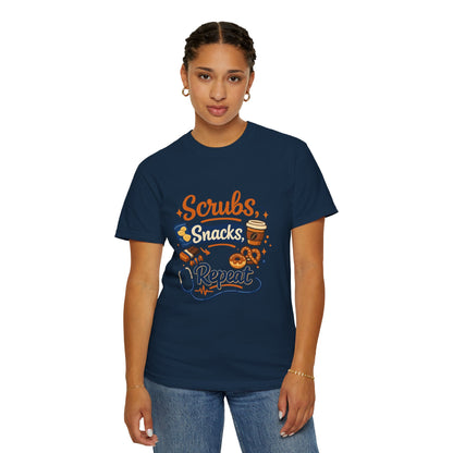 Scrubs Snacks Repeat T-Shirt – Cute Nurse Medical Humor Tee