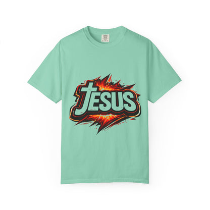 Jesus Graphic T-Shirt for Men – Bold Flame Logo Christian Faith Tee Printify