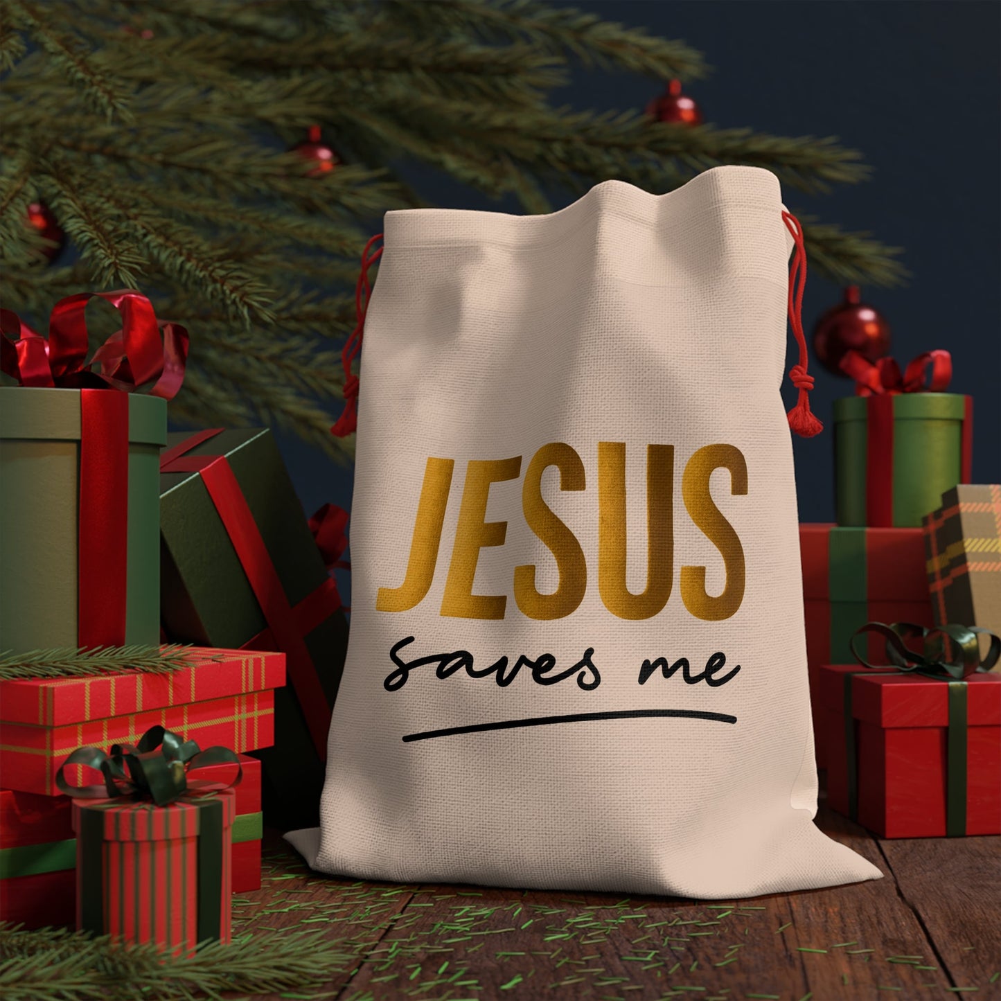 Christian Gift Bag — "Jesus Saves Me" Drawstring Pouch for Church, Baptism & Easter Printify