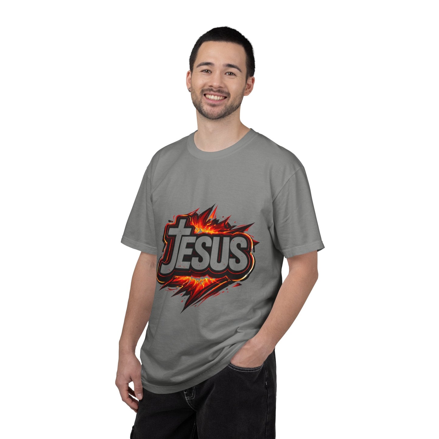 Jesus Graphic T-Shirt for Men – Bold Flame Logo Christian Faith Tee Printify