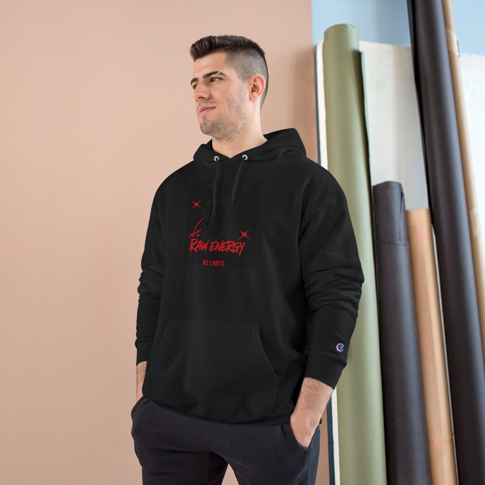 Champion Hoodie — "Raw Energy" Minimal Graphic Pullover Printify