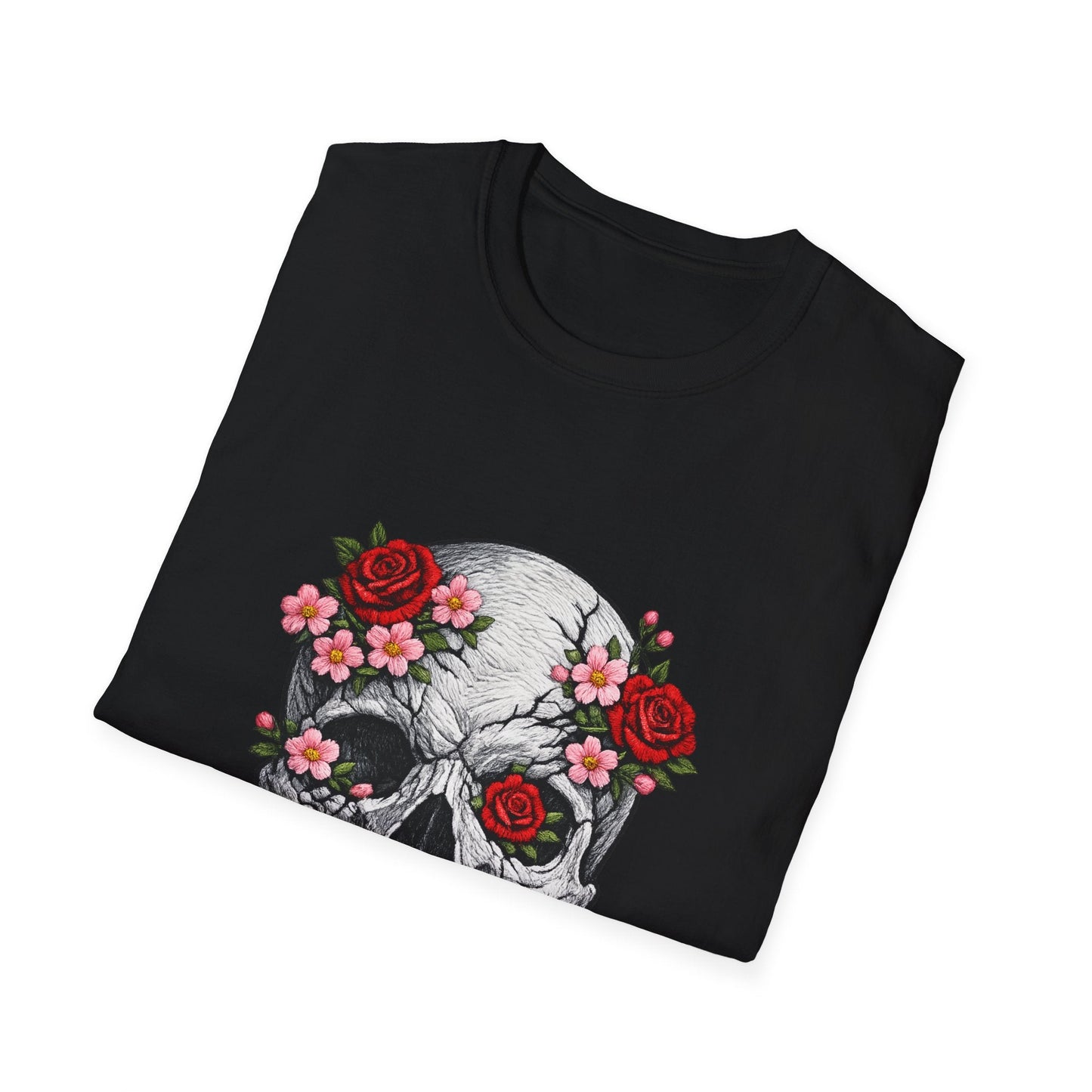 Floral Skull Tee — Gothic Rose Skull T-Shirt for Day of the Dead & Edgy Style Printify