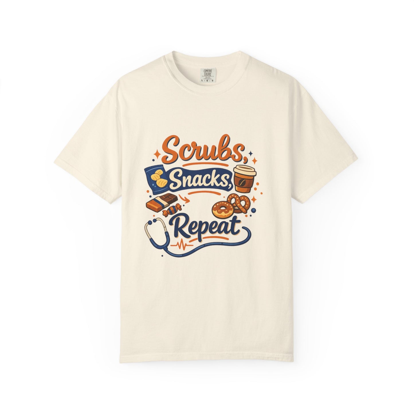 Scrubs Snacks Repeat T-Shirt – Cute Nurse Medical Humor Tee
