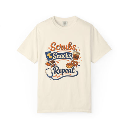 Scrubs Snacks Repeat T-Shirt – Cute Nurse Medical Humor Tee