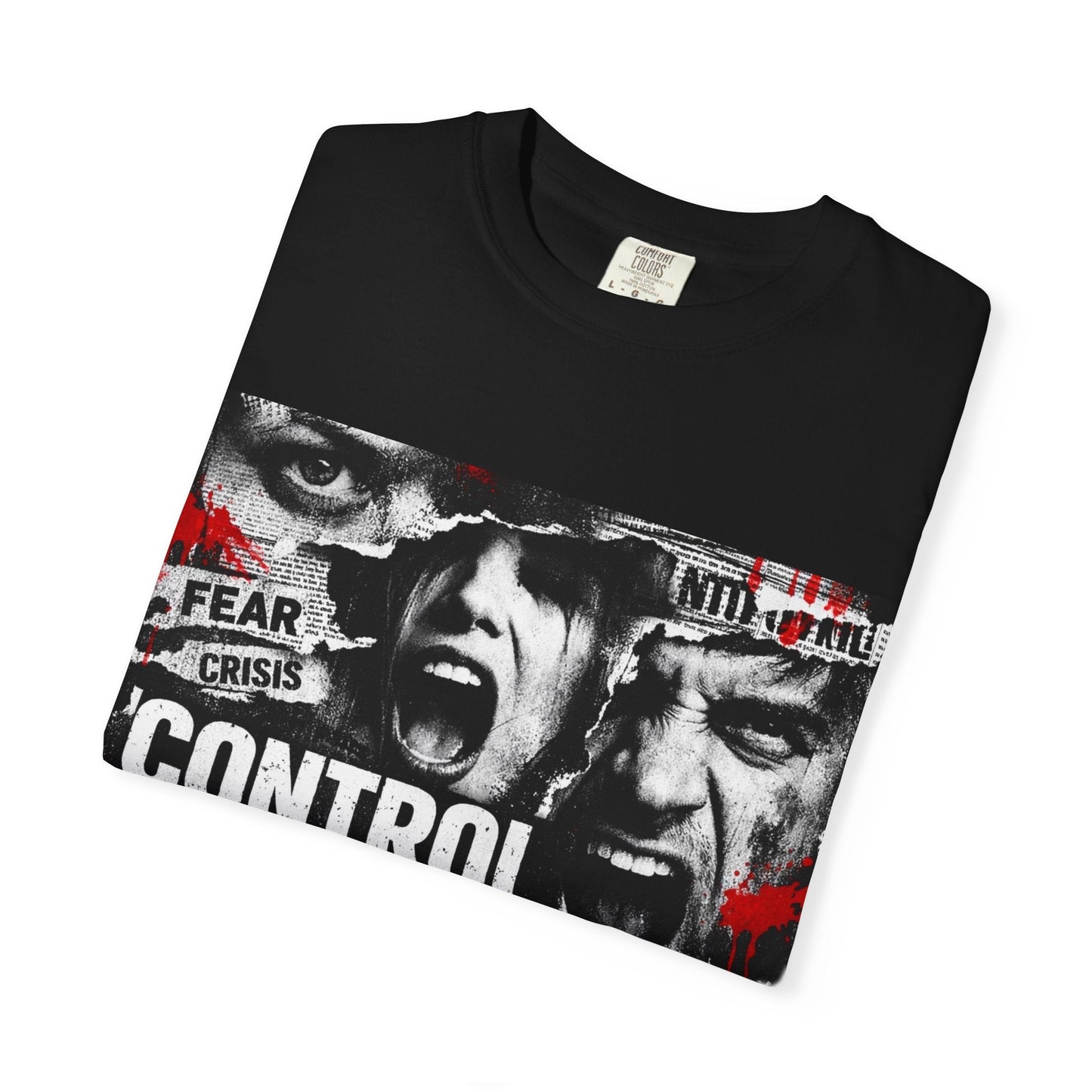 Control the Chaos T‑Shirt — Graphic Urban Streetwear Tee with Distressed Faces & Bold Red Accent Printify
