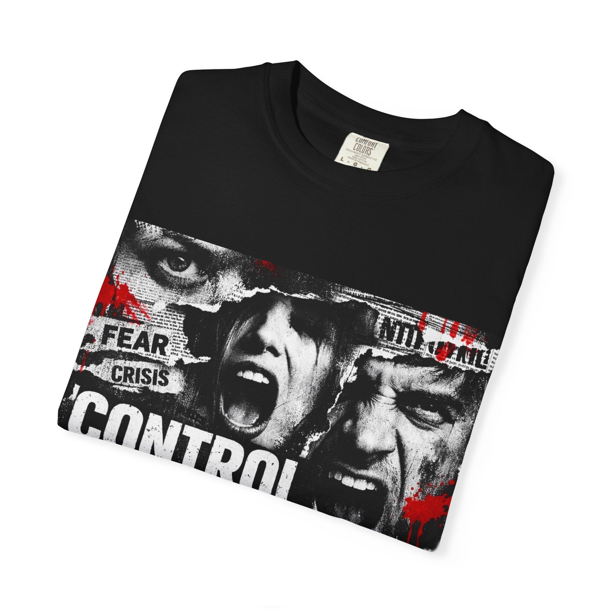 Control the Chaos T‑Shirt — Graphic Urban Streetwear Tee with Distressed Faces & Bold Red Accent Printify