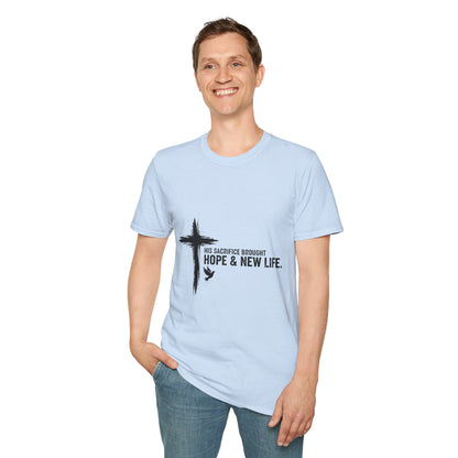 Christian Cross T-Shirt – Unisex “His Sacrifice Brought Hope & New Life” Inspirational Tee Printify