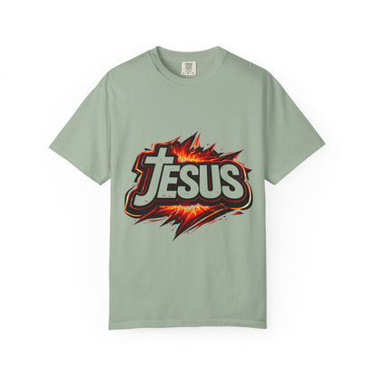 Jesus Graphic T-Shirt for Men – Bold Flame Logo Christian Faith Tee Printify