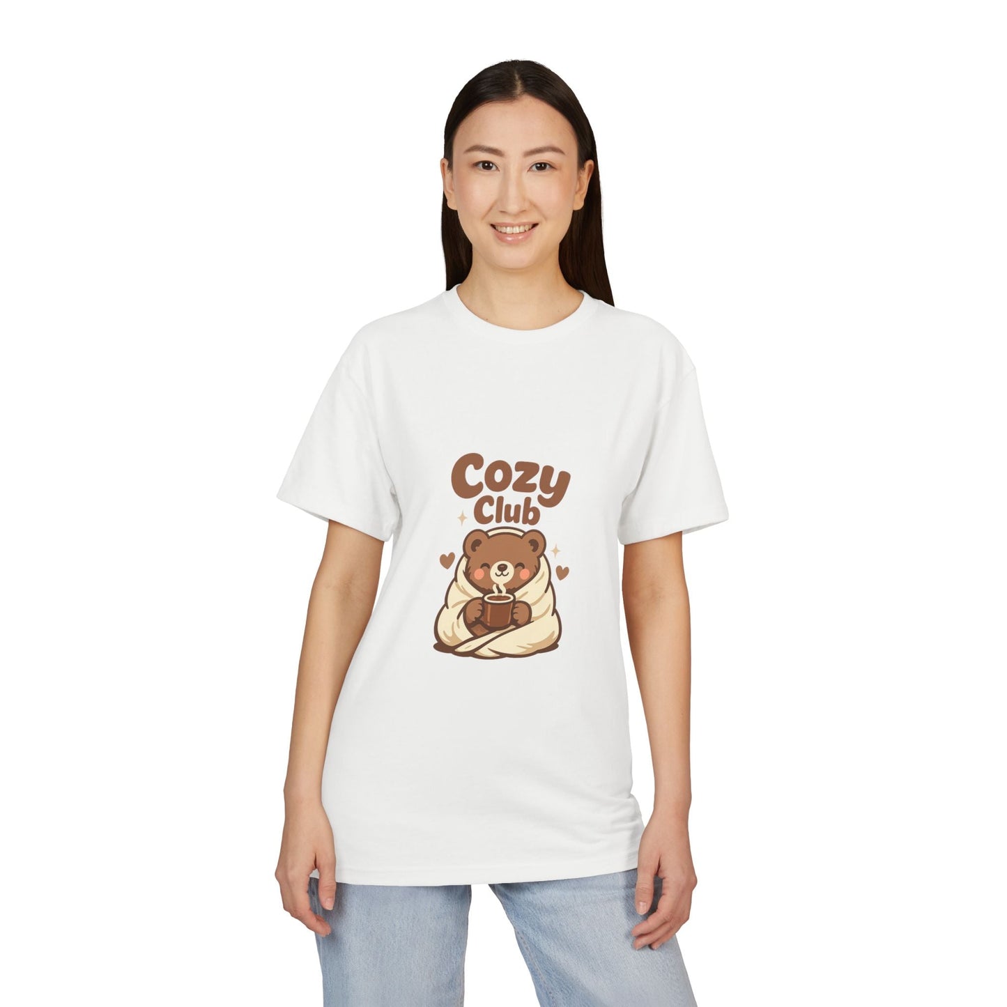 Cozy Club Bear T-Shirt — Cute Blanket & Hot Cocoa Graphic Tee Printify