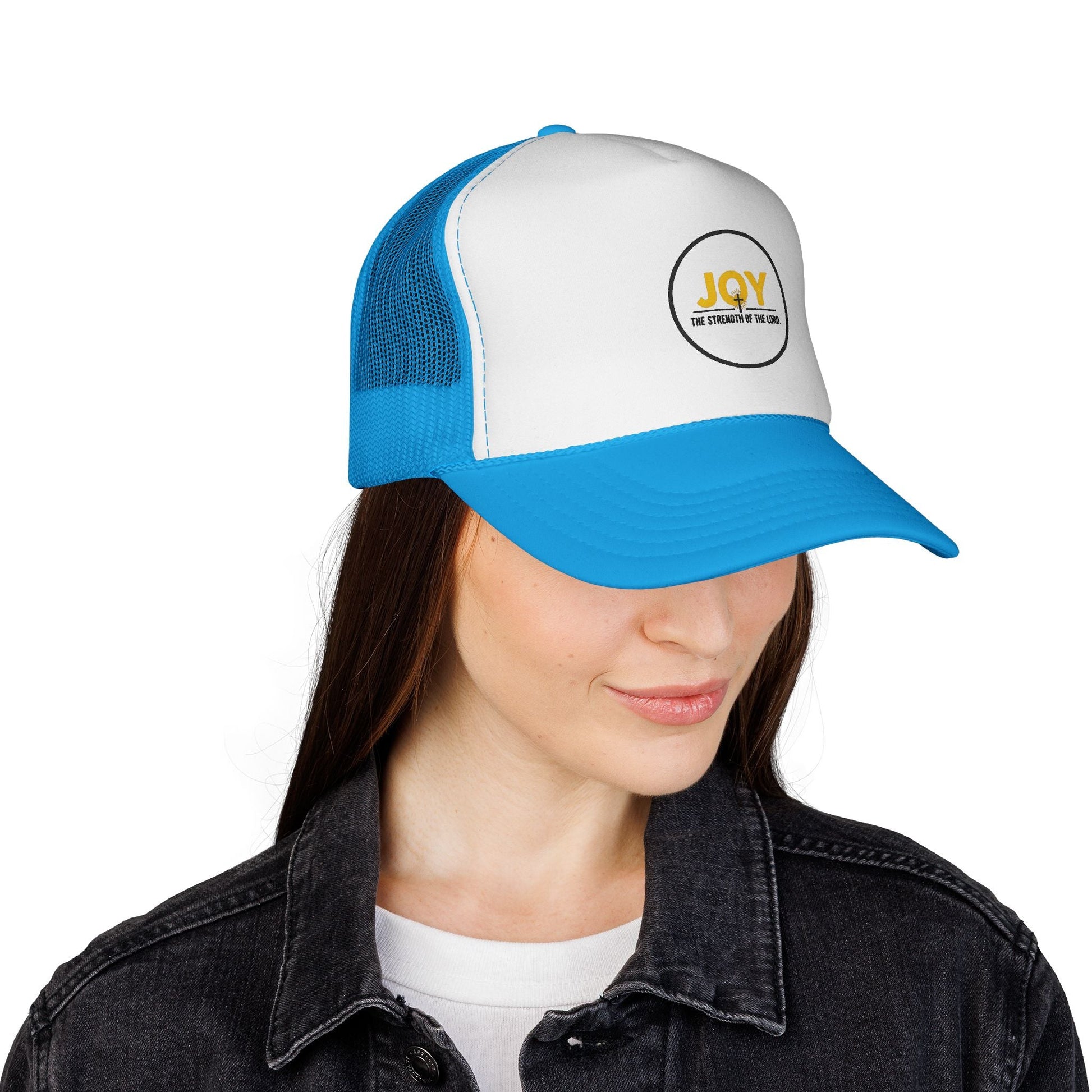 Joy Circle Trucker Cap — 'Joy, One Strength of the Soul' Retro Mesh Hat Printify