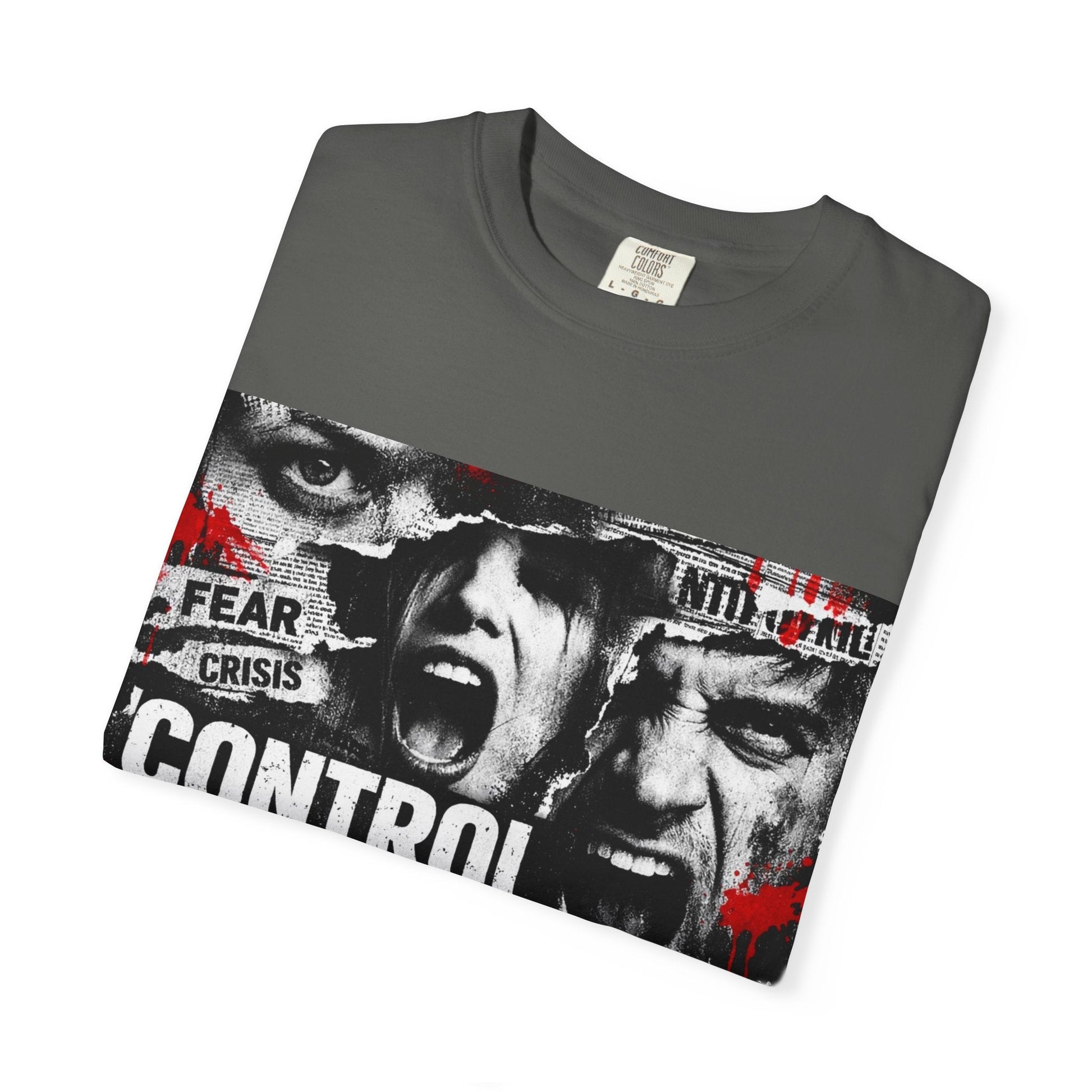 Control the Chaos T‑Shirt — Graphic Urban Streetwear Tee with Distressed Faces & Bold Red Accent Printify