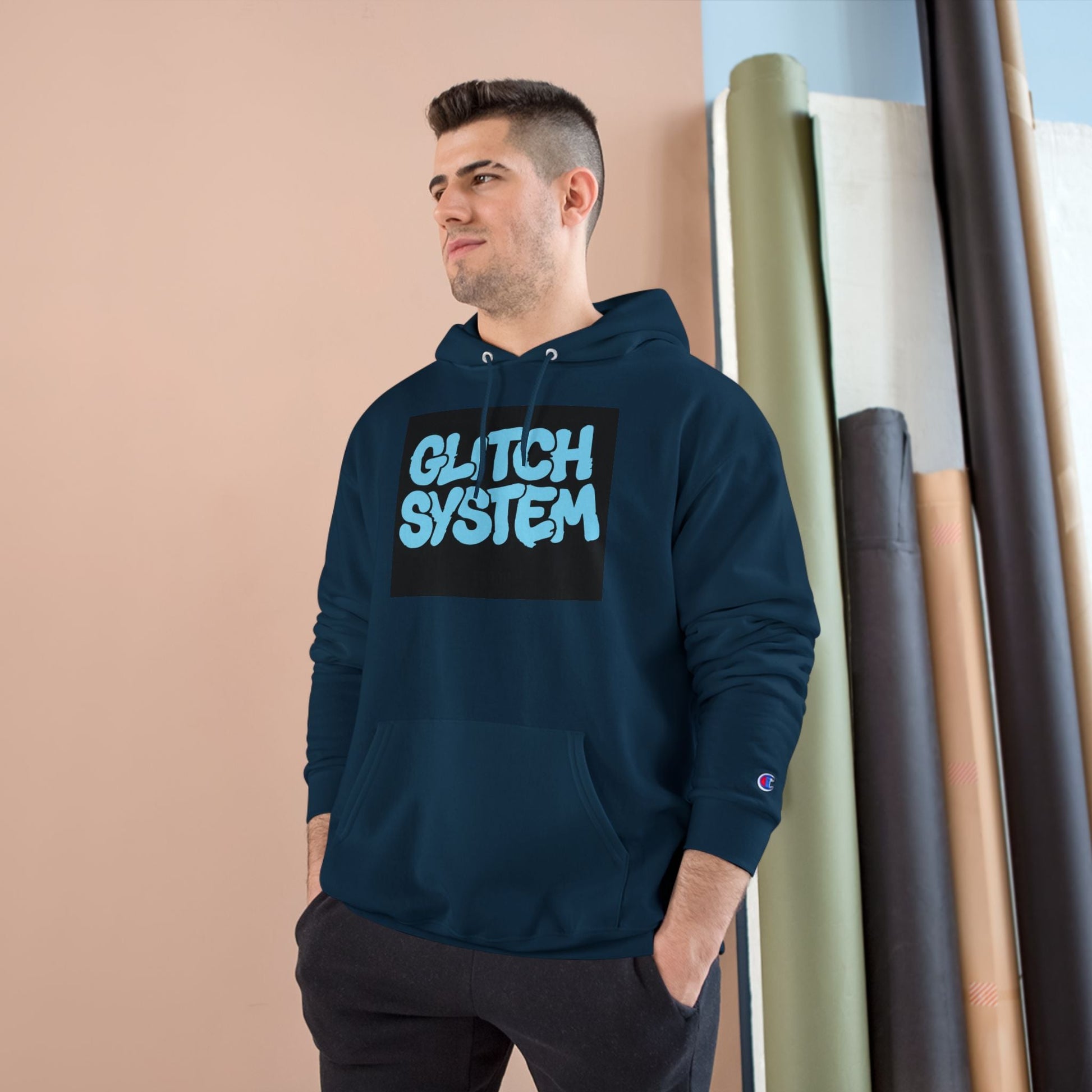 Glitch System Hoodie — Retro Graffiti Streetwear Champion Hoodie Printify