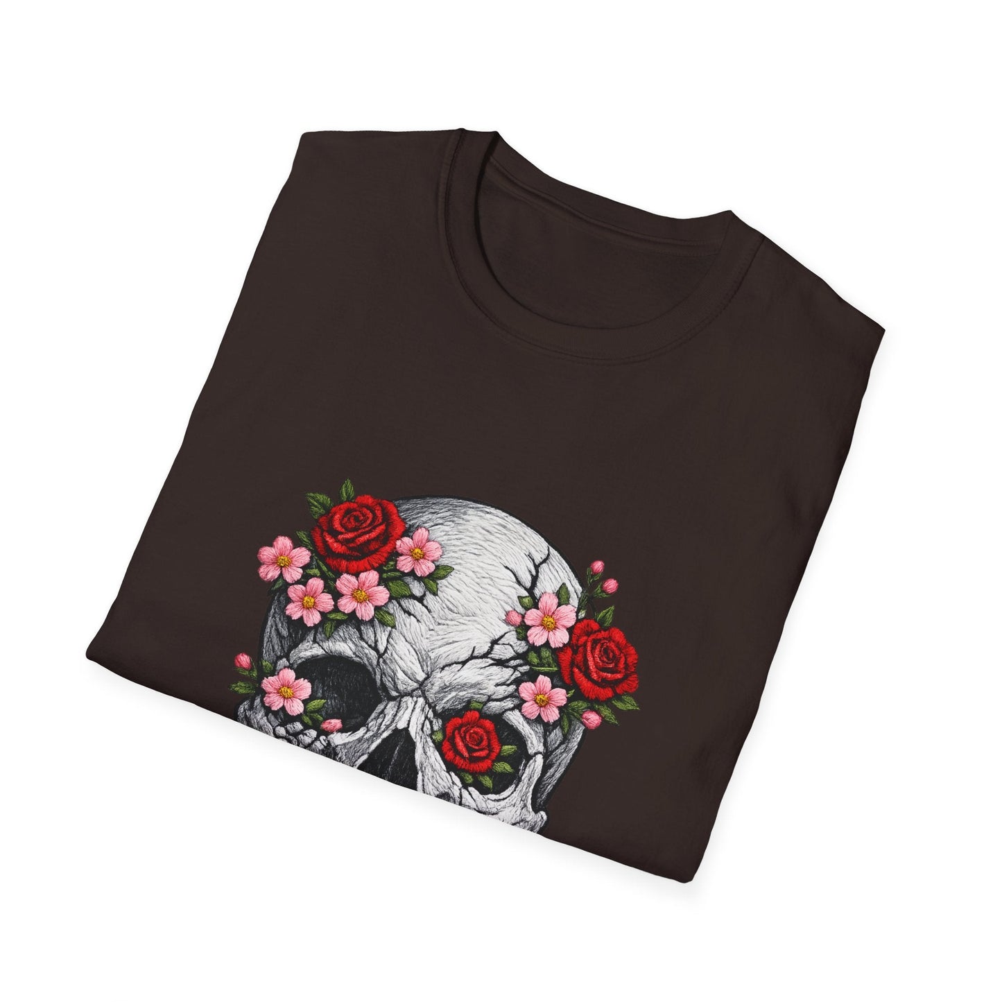 Floral Skull Tee — Gothic Rose Skull T-Shirt for Day of the Dead & Edgy Style Printify
