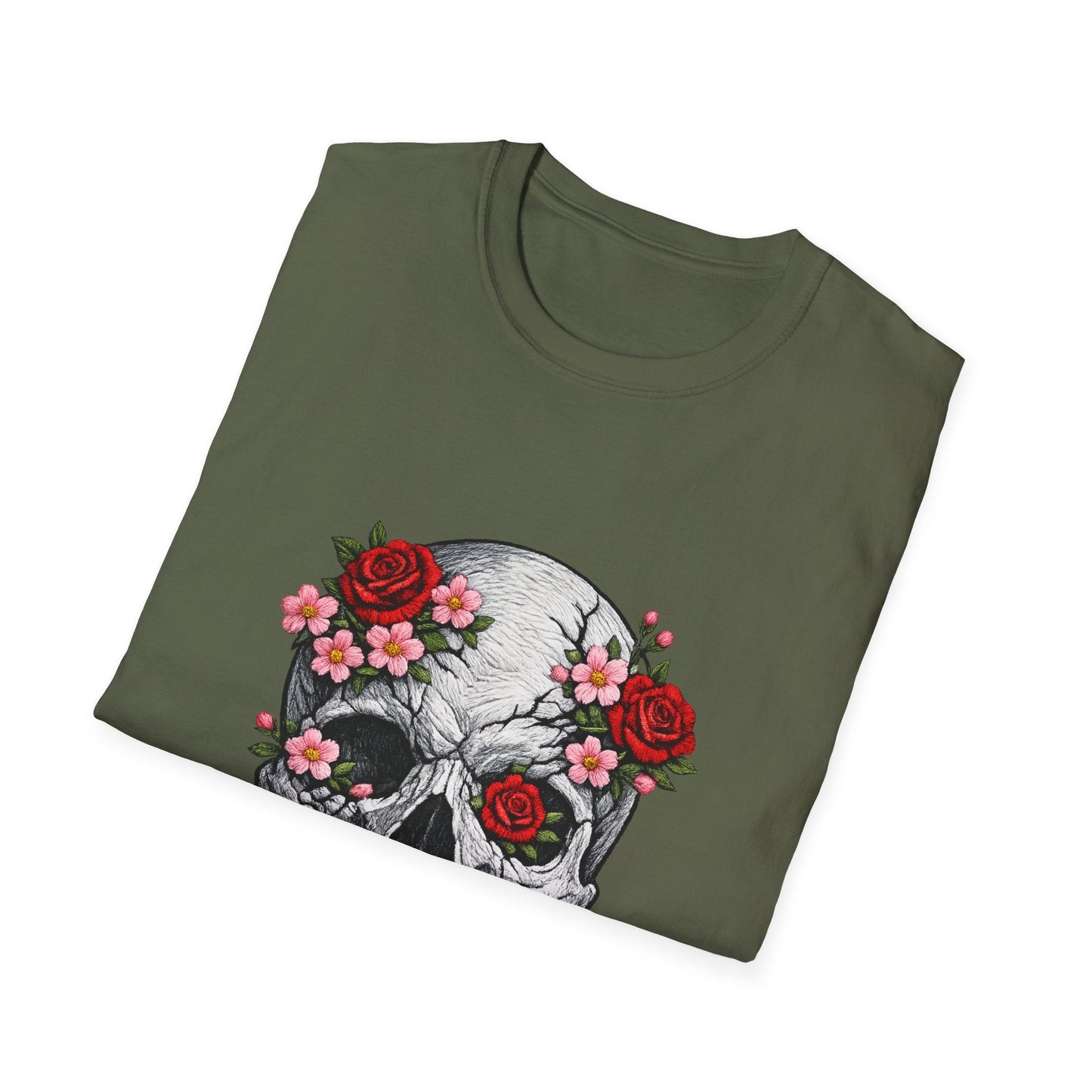 Floral Skull Tee — Gothic Rose Skull T-Shirt for Day of the Dead & Edgy Style Printify