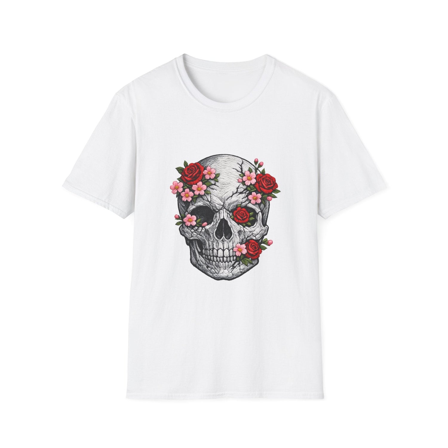 Floral Skull Tee — Gothic Rose Skull T-Shirt for Day of the Dead & Edgy Style Printify