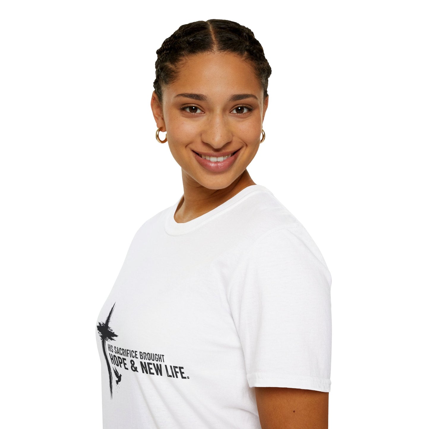 Christian Cross T-Shirt – Unisex “His Sacrifice Brought Hope & New Life” Inspirational Tee Printify