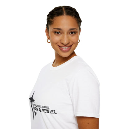 Christian Cross T-Shirt – Unisex “His Sacrifice Brought Hope & New Life” Inspirational Tee Printify