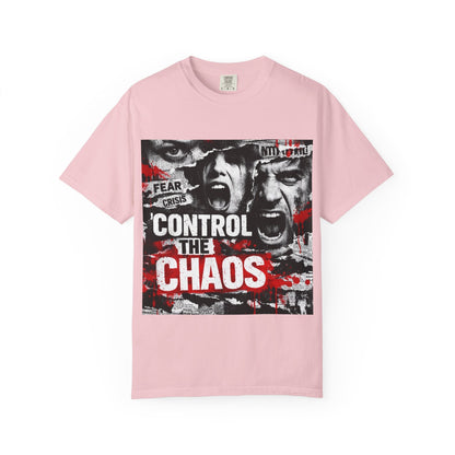 Control the Chaos T‑Shirt — Graphic Urban Streetwear Tee with Distressed Faces & Bold Red Accent Printify
